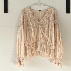 Size S Free People Light Pink & Metallic Glitter Blouse - Long Bell Sleeves